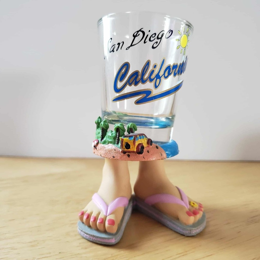 San Diego CA 3D Beach Scene Shot Glass Flip Flop Feet Base 4" Novelty